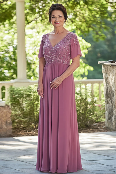 Dusty Rose Short Sleeves A Line Chiffon Mother of the Bride Dress