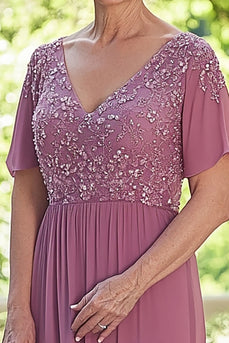 Dusty Rose Short Sleeves A Line Chiffon Mother of the Bride Dress