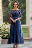 Load image into Gallery viewer, Navy Half Sleeves A Line Chiffon Mother of the Bride Dress with Lace