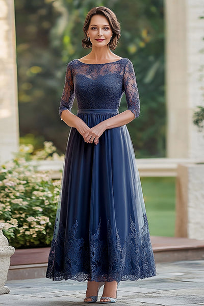 Navy Half Sleeves A Line Chiffon Mother of the Bride Dress with Lace