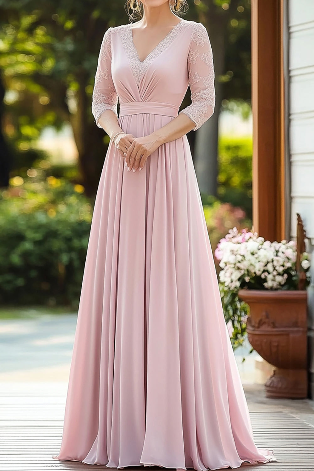 Pink V Neck A Line Chiffon Mother of the Bride Dress