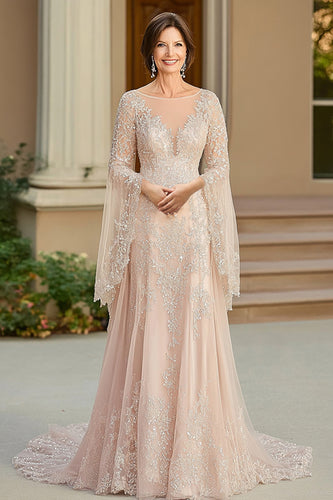 Lace Beige Flowy Glitter Mother of the Bride Dress