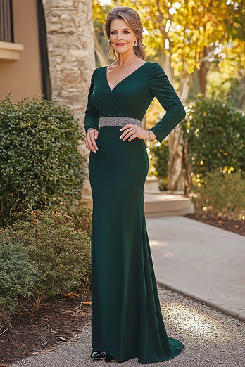 Dark Green V-Neck Satin Mother of the Bride Dress with Beading