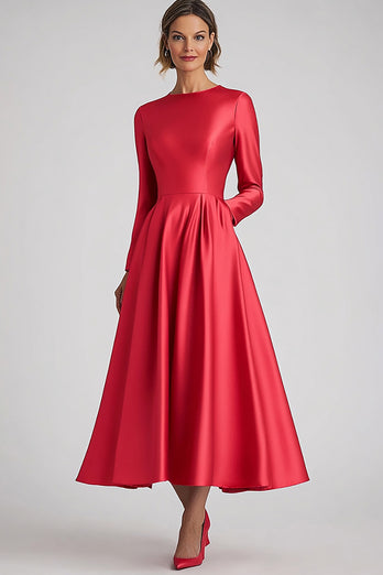 Coral Satin A Line Tea Length Mother of the Bride Dress