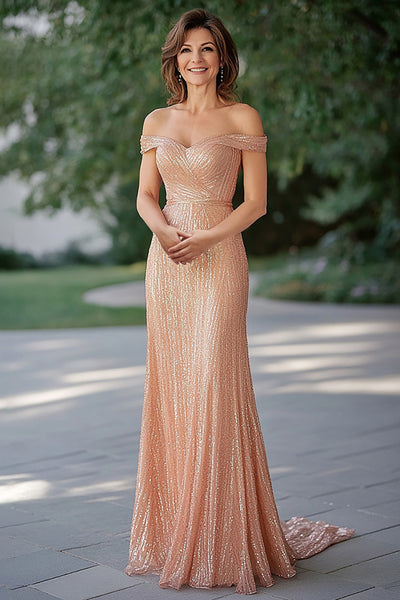 Champagne Sequin Off the Shoulder Sparkly Mother of the Bride Dress