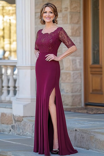 Burgundy Satin Scoop Sheath Mother of the Bride Dress with Slit