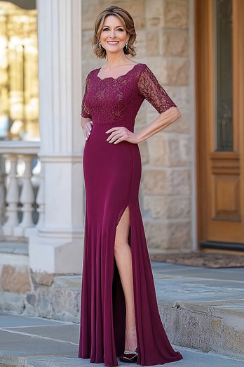 Burgundy Satin Scoop Sheath Mother of the Bride Dress with Slit