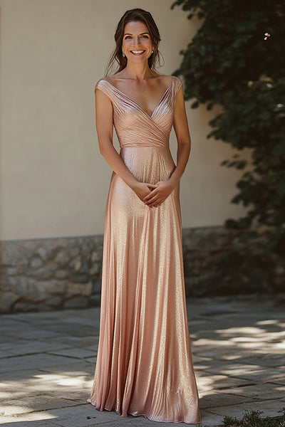 Glitter Champagne V-Neck A Line Mother of the Bride Dress