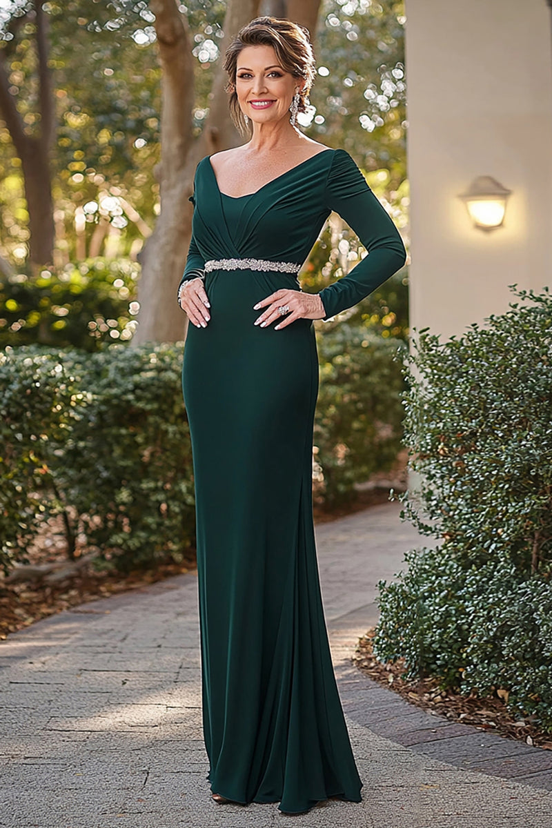 Load image into Gallery viewer, Satin Sheath Dark Green Mother of the Bride Dress with Beading