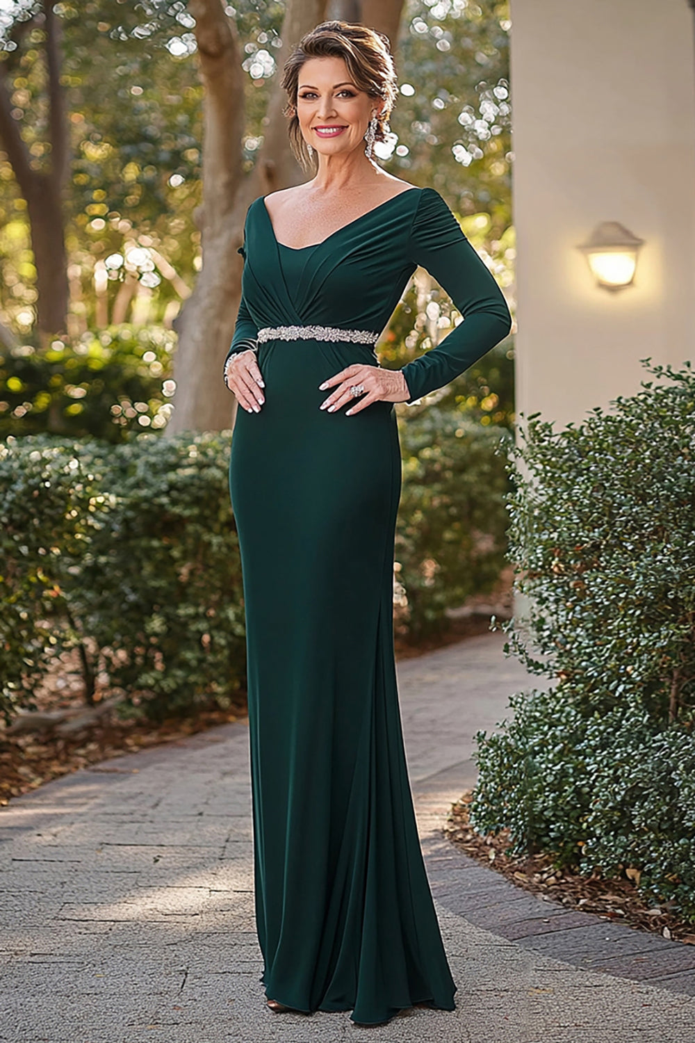 Satin Sheath Dark Green Mother of the Bride Dress with Beading