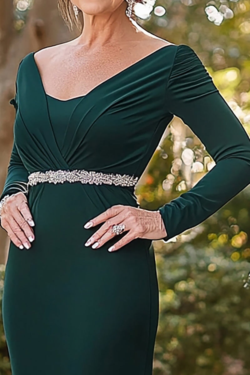 Load image into Gallery viewer, Satin Sheath Dark Green Mother of the Bride Dress with Beading