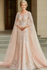 Load image into Gallery viewer, Apricot Flowy Sleeves Cape Mother of the Bride Dress with Lace