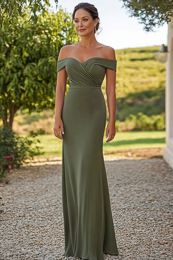 Olive Satin Off the Shoulder Floor Length Mother of the Bride Dress