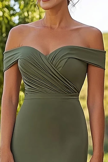 Olive Satin Off the Shoulder Floor Length Mother of the Bride Dress