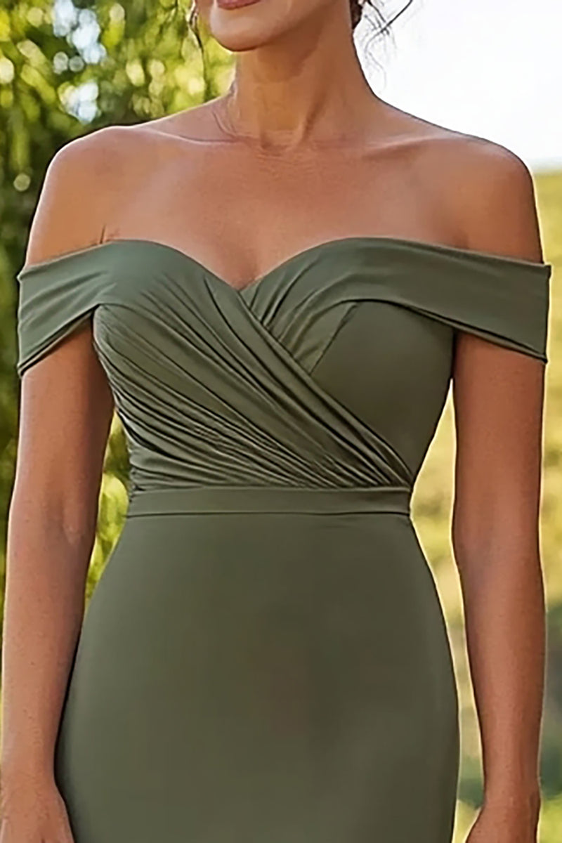 Load image into Gallery viewer, Olive Satin Off the Shoulder Floor Length Mother of the Bride Dress