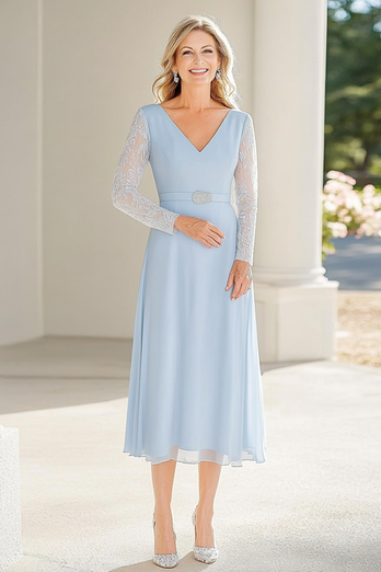 Sky Blue V-Neck Tea Length Mother of the Bride Dress with Lace