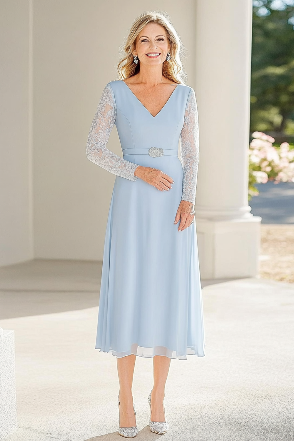 Sky Blue V-Neck Tea Length Mother of the Bride Dress with Lace