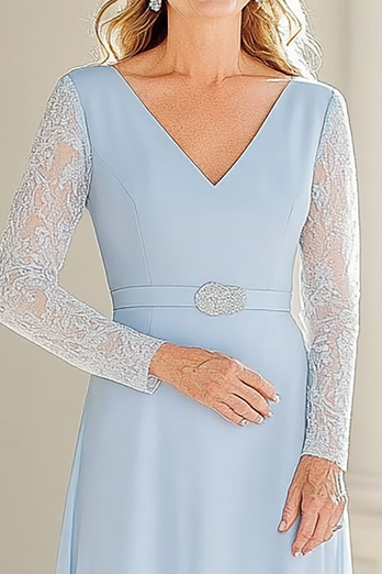 Sky Blue V-Neck Tea Length Mother of the Bride Dress with Lace