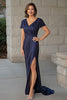 Load image into Gallery viewer, Glitter Navy Sheath Mother of the Bride Dress with Slit