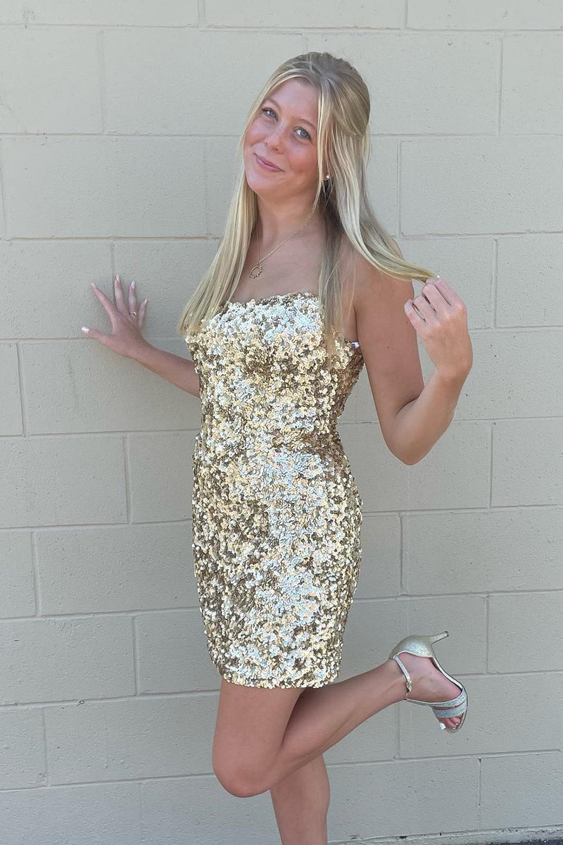 Load image into Gallery viewer, Sparkly Golden Strapless Tight Homecoming Dress with Sequins