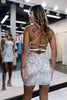 Load image into Gallery viewer, Sparkly Silver Halter Bodycon Homecoming Dress With Criss Cross Back