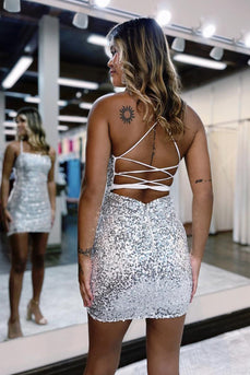 Sparkly Silver Halter Bodycon Homecoming Dress With Criss Cross Back