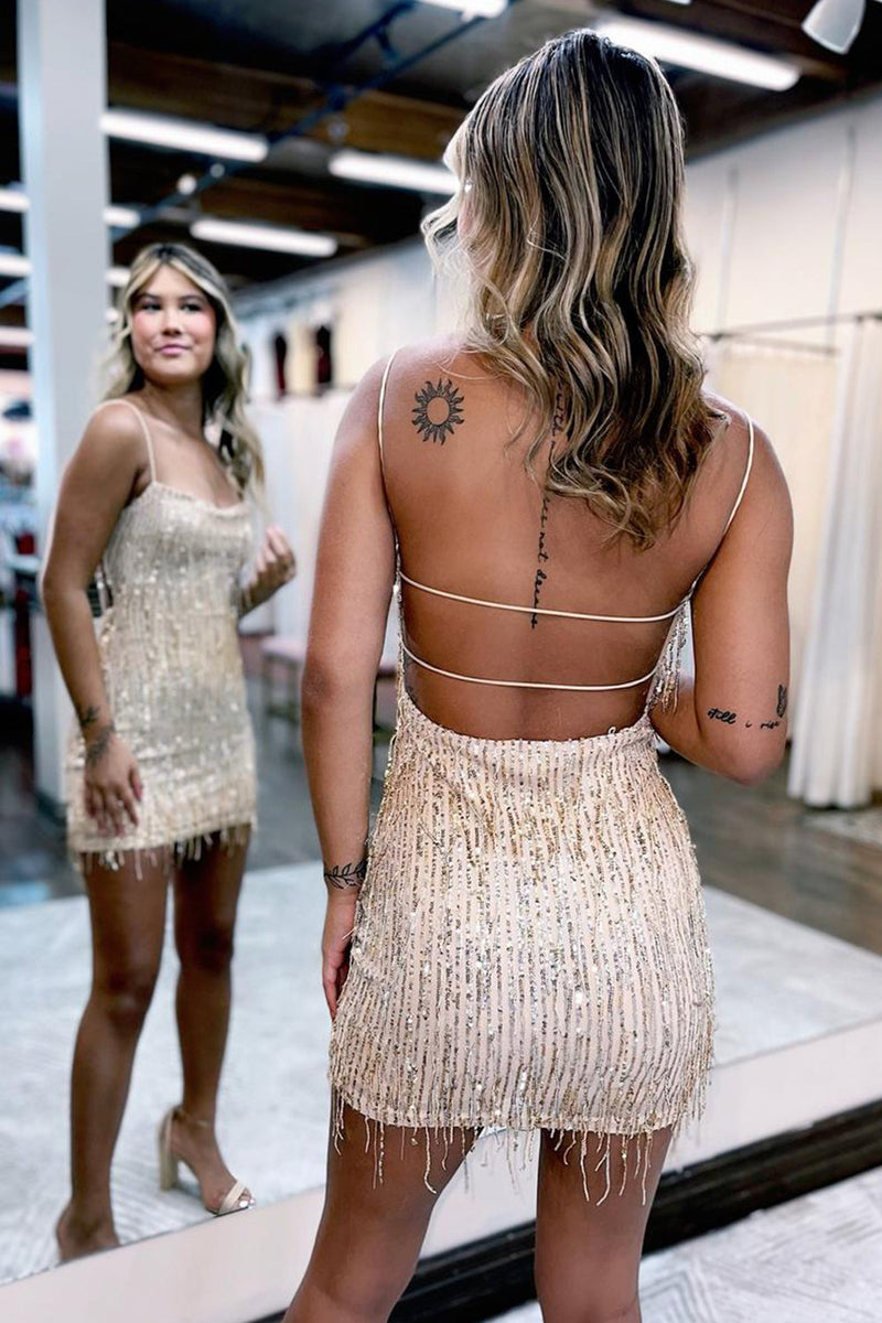 Load image into Gallery viewer, Sparkly Apricot Spaghettis Straps Sequined Homecoming Dress with Fringes