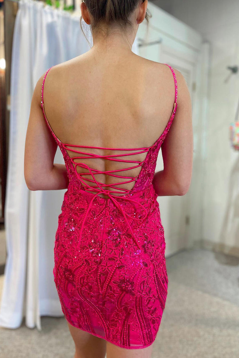 Load image into Gallery viewer, Sparkly Fuchsia Spaghetti Straps Homecoming Dress with Sequins