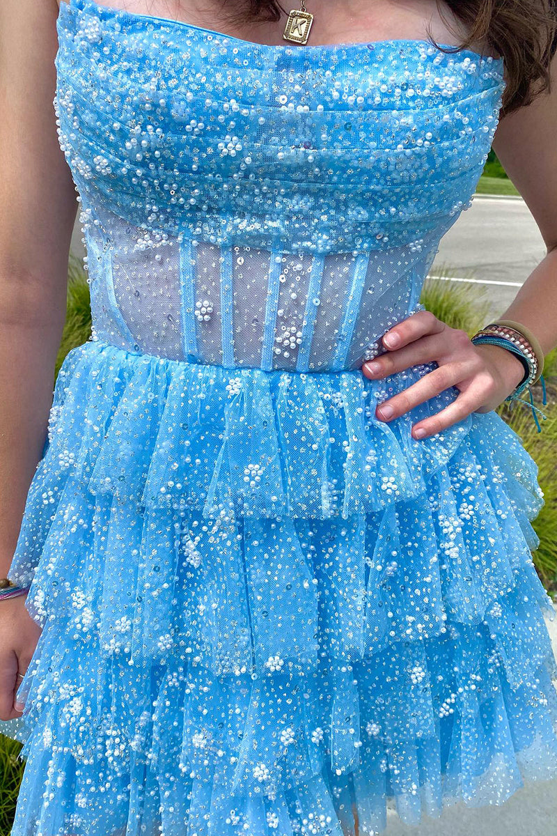 Load image into Gallery viewer, A Line Light Blue Sequins Corset Short Homecoming Dress