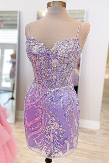 Spaghetti Straps Blue Sparkly Sequins Tight Corset Homecoming Dress