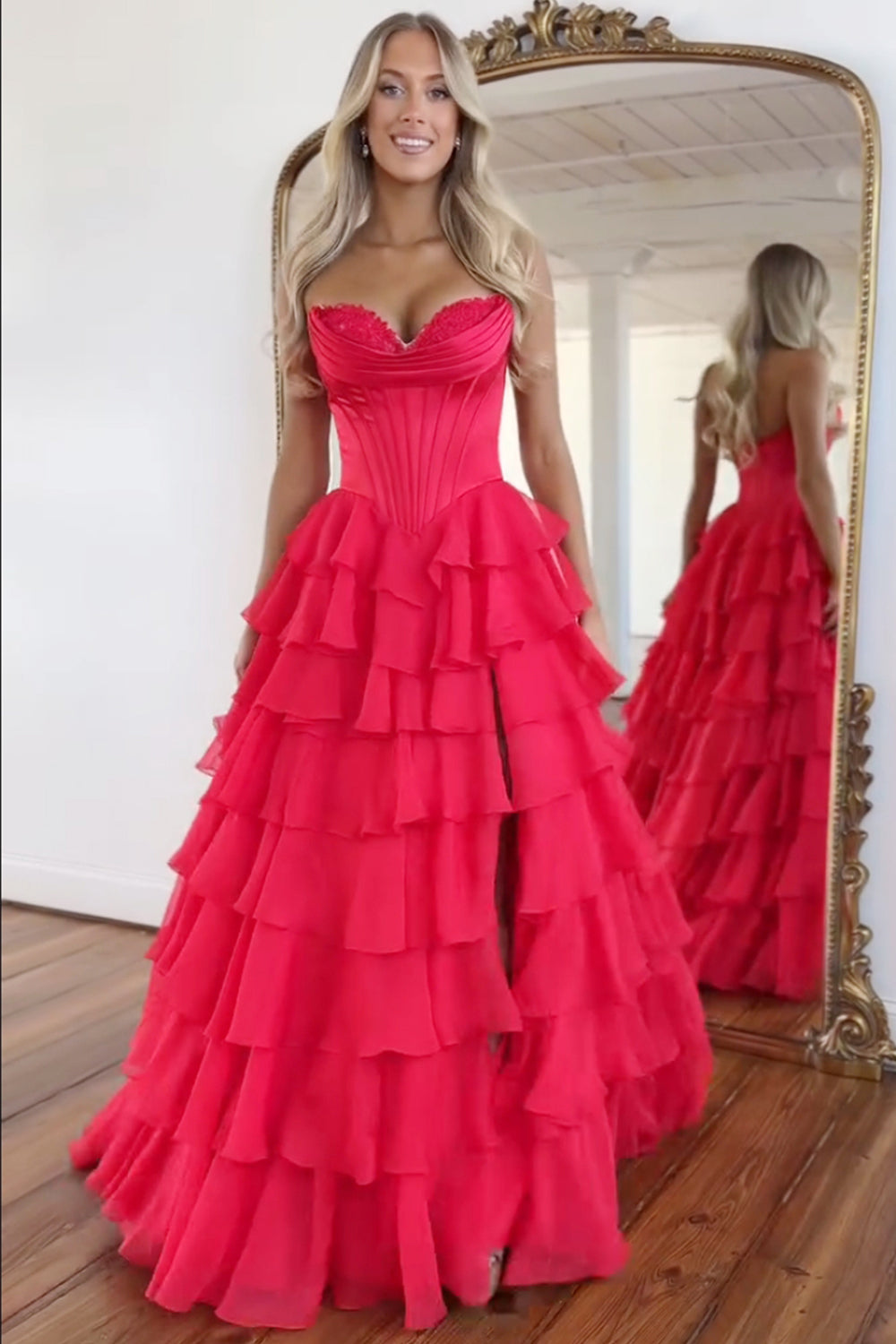 Red Strapless Corset Tiered Chiffon Long Prom Dress with Slit