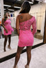 Load image into Gallery viewer, Sparkly Pink One Shoulder Bodycon Laced Homecoming Dress with Feathers