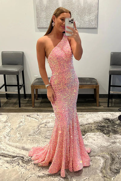 Coral Sequins One Shoulder Mermaid Long Prom Dress