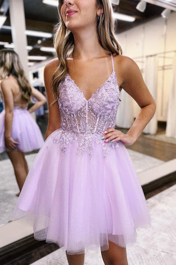 Glitter Lilac A-Line Spaghetti Straps Corset Homecoming Dress with Lace