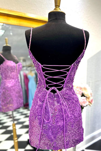 Sparkly Purple Spaghetti Straps Tight Short Homecoming Dress with Sequins