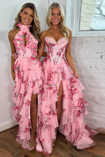 Blush A Line Sweetheart Corset Tiered Long Prom Dress with Printed Flower