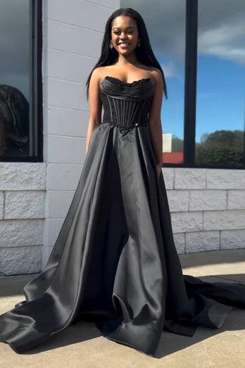 Black Strapless Satin Corset A Line Long Prom Dress