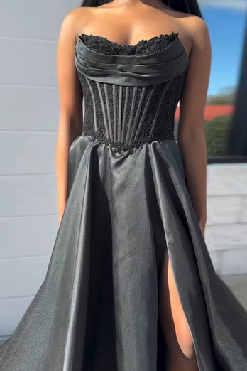 Black Strapless Satin Corset A Line Long Prom Dress