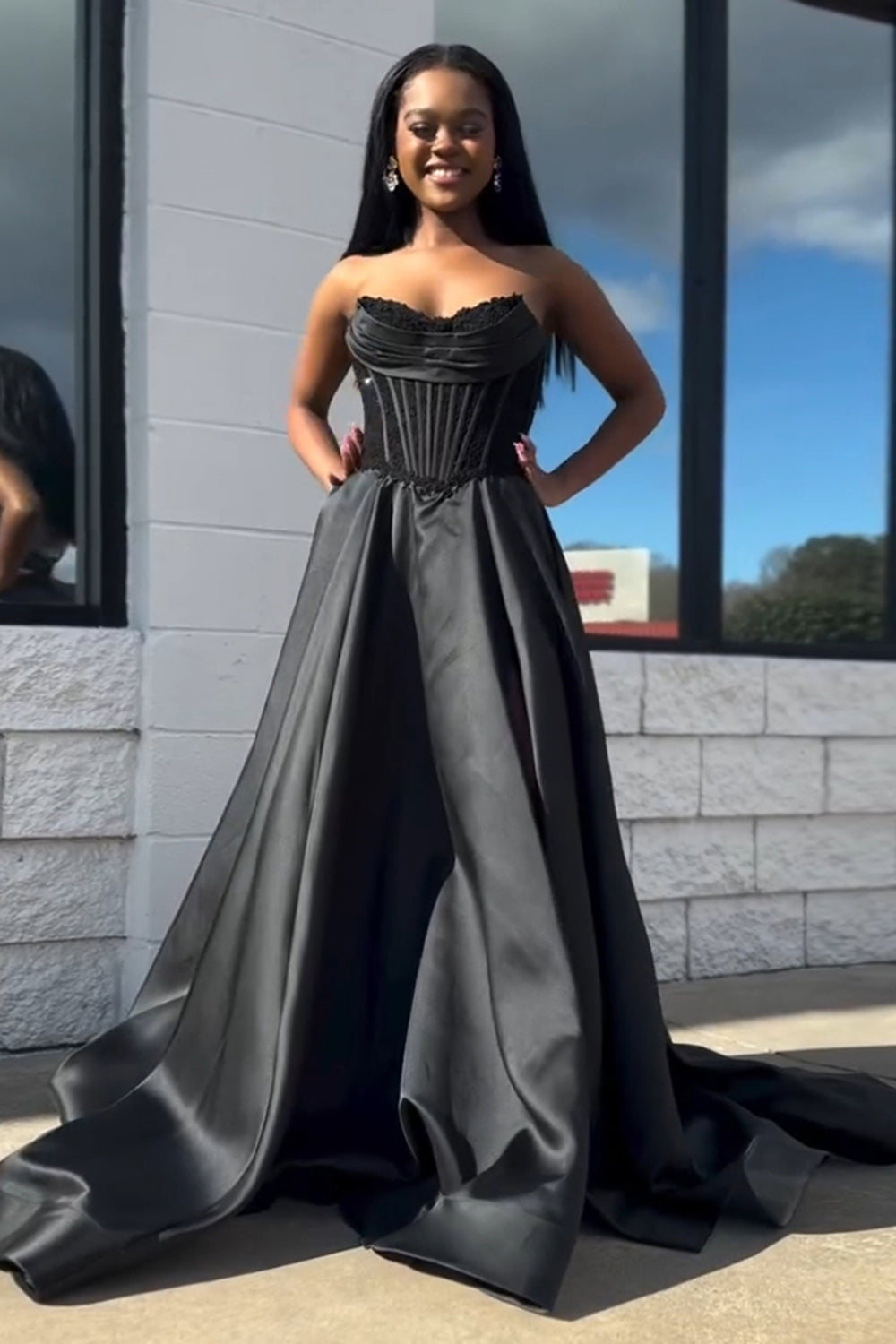 Black Strapless Satin Corset A Line Long Prom Dress