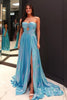 Load image into Gallery viewer, Blue A Line Strapless Corset Long Prom Dress with Slit