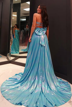 Blue A Line Strapless Corset Long Prom Dress with Slit