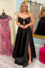 Load image into Gallery viewer, Black Strapless Satin Corset A Line Long Prom Dress with Slit