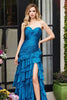 Load image into Gallery viewer, Peacock Blue Strapless Tiered Long Prom Dress with Slit