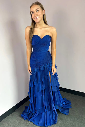 Peacock Blue Strapless Tiered Long Prom Dress with Slit