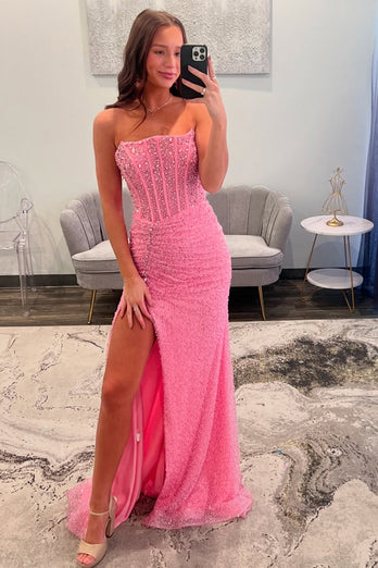 Pink Strapless Sparkly Corset Long Prom Dress with Slit