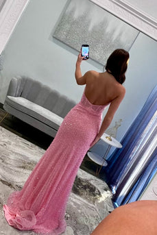 Pink Strapless Sparkly Corset Long Prom Dress with Slit