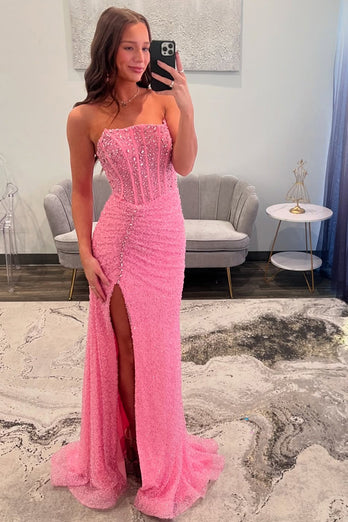 Pink Strapless Sparkly Corset Long Prom Dress with Slit