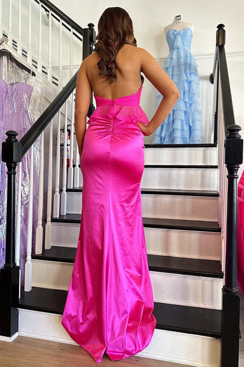 Fuchsia Halter Sheath Backess Long Prom Dress with Ruffles