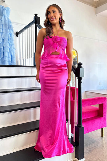 Fuchsia Halter Sheath Backess Long Prom Dress with Ruffles