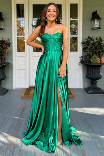 Dark Green A Line Strapless Corset Long Prom Dress with Slit